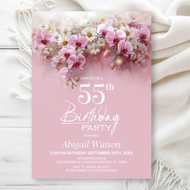 Invitación Fiesta de Cumpleaños 55 de Orquídea Rosa Floral (Subido por el creador)