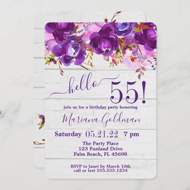 Invitación Fiesta de cumpleaños 55 de Purple Floral Rustic (Anverso / Reverso)