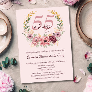 Invitación Fiesta de Cumpleaños 55 Elegante Floral Rosa Españ