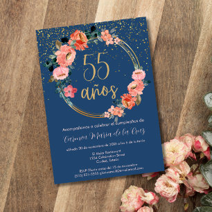 Invitación Fiesta de Cumpleaños 55 Español Hermoso Oro Floral