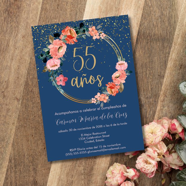 Invitación Fiesta de Cumpleaños 55 Español Hermoso Oro Floral (Subido por el creador)