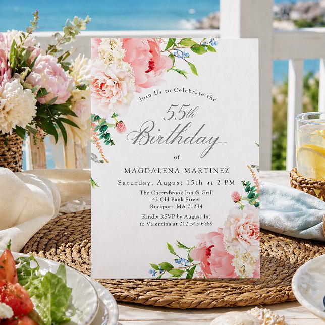 Invitación Fiesta de cumpleaños 55 Feminino Rosas rosadas Flo (Subido por el creador)