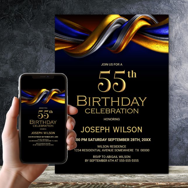 Invitación Fiesta de cumpleaños 55 moderna azul y dorada (Subido por el creador)