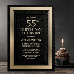Invitación Fiesta de cumpleaños 55 moderna en negro y dorado