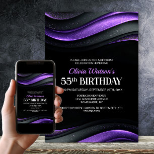 Invitación Fiesta de cumpleaños 55 moderna negra y púrpura