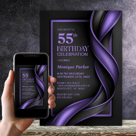 Invitación Fiesta de cumpleaños 55 moderna negra y púrpura