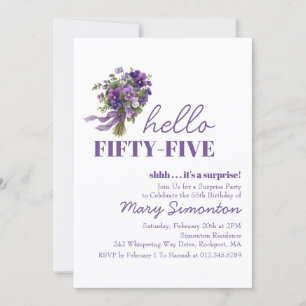 Invitación FIESTA DE CUMPLEAÑOS 55 Sorpresa Ramo Floral Púrpu