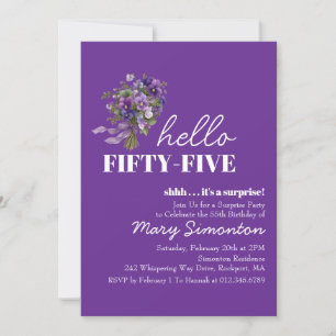 Invitación FIESTA DE CUMPLEAÑOS 55 Sorpresa Ramo Floral Púrpu