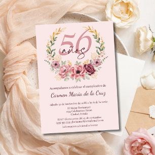 Invitación Fiesta de Cumpleaños 56 Elegante Floral Rosa Españ