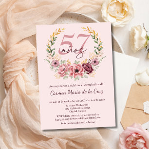 Invitación Fiesta de Cumpleaños 57 Elegante Floral Rosa Españ