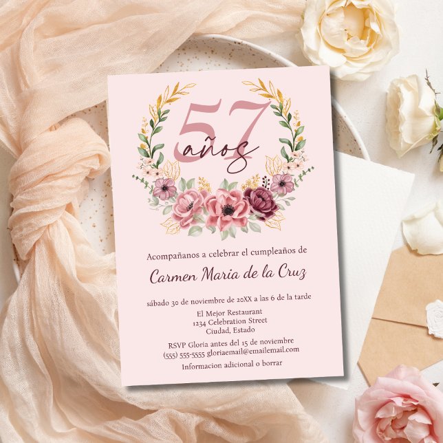 Invitación Fiesta de Cumpleaños 57 Elegante Floral Rosa Españ (Subido por el creador)