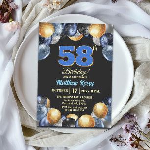 Invitación Fiesta de cumpleaños 58 elegante azul plata dorado