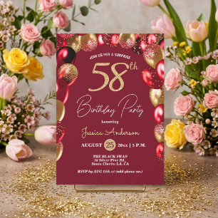 Invitación Fiesta de cumpleaños 58 sorpresa dorado burgundy b