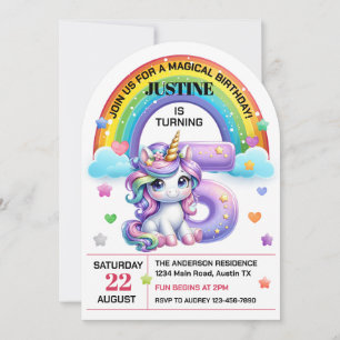 Invitación Fiesta de cumpleaños 5 años arcoíris y unicornio a