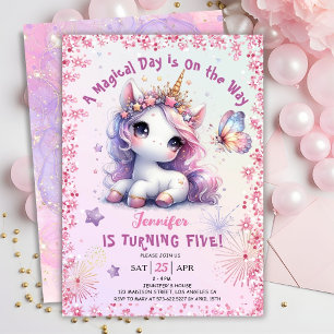 Invitación Fiesta de cumpleaños 5 años Unicornio Niña Rosa Pú