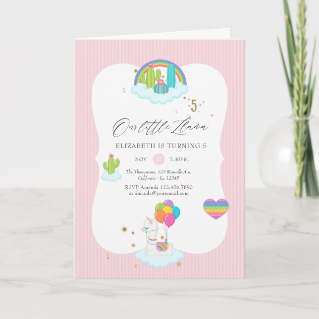 Invitación Fiesta de cumpleaños 5 Chica de Llama (Anverso)