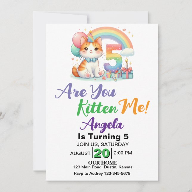 Invitación Fiesta de cumpleaños 5 de Cute Kitten (Anverso)