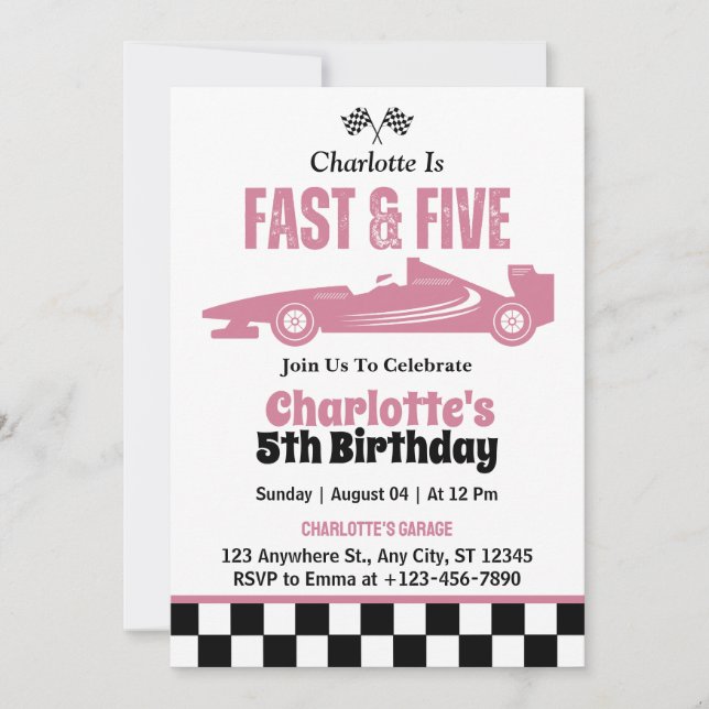 Invitación Fiesta de cumpleaños 5 de Fast & Five Race Car Gir (Anverso)