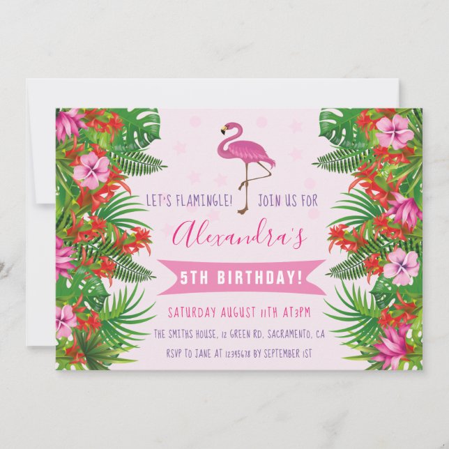 Invitación Fiesta de cumpleaños 5 del Flamingo Tropical (Anverso)