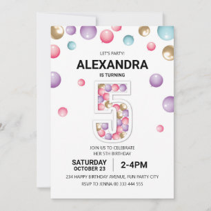 Invitación Fiesta de cumpleaños 5 Rainbow, Chica de globos ro