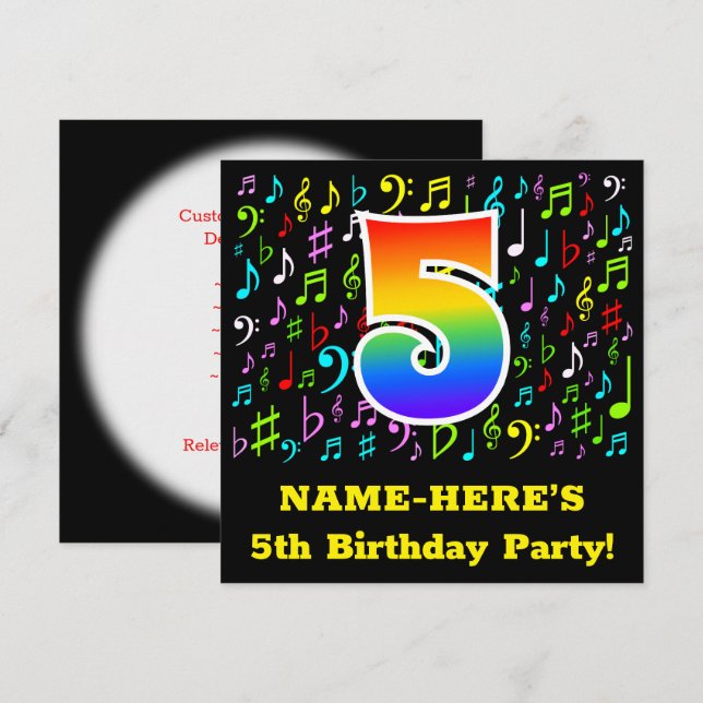 Invitación Fiesta de cumpleaños 5: Símbolos musicales diverti (Anverso / Reverso)