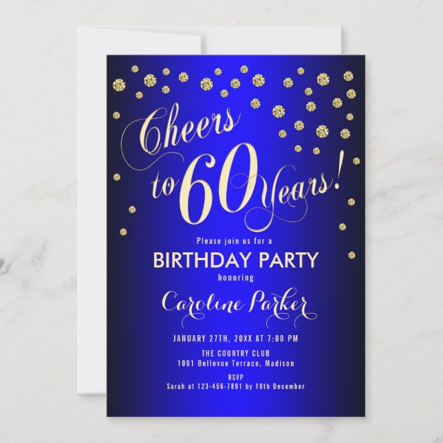 Invitación Fiesta de cumpleaños 60 - Azul real de oro (Anverso)