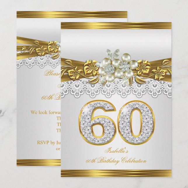 Invitación Fiesta de Cumpleaños 60 Blanco Perla Encaje Dorado (Anverso / Reverso)