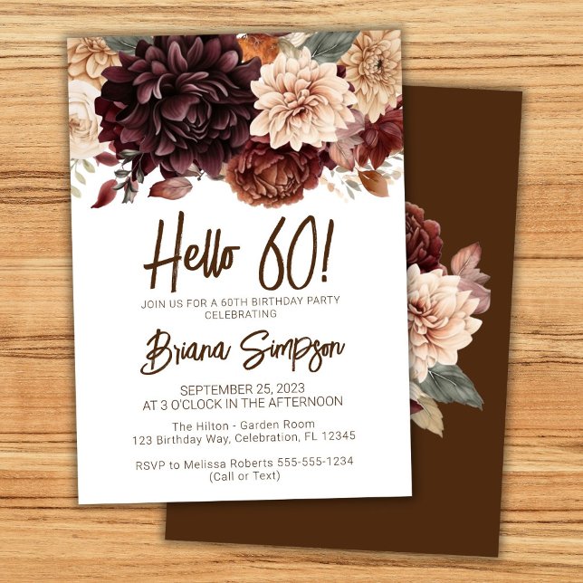 Invitación Fiesta de cumpleaños 60 Brown Beige Flores Floral (Subido por el creador)