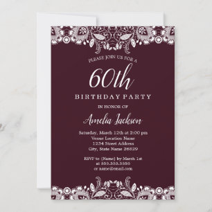 Invitación Fiesta de cumpleaños 60 burgundy encaje blanco vin