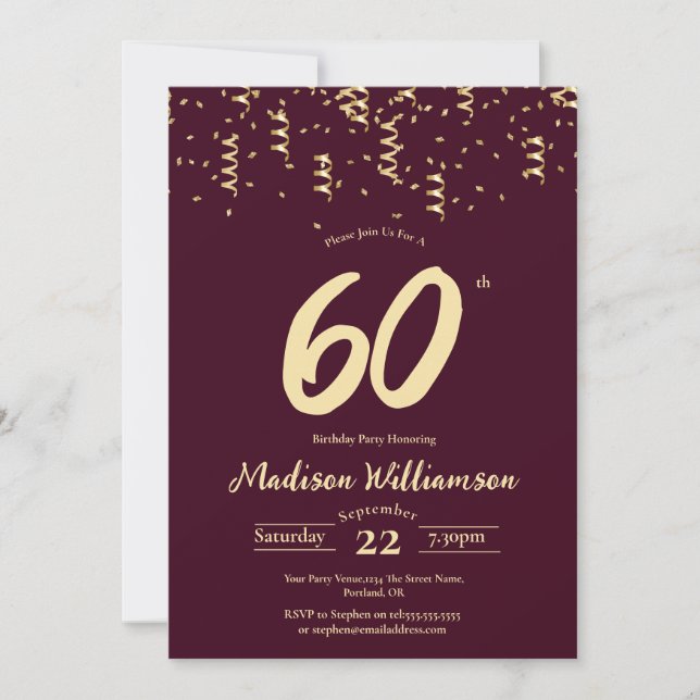 Invitación Fiesta de cumpleaños 60 Burgundy & Gold (Anverso)