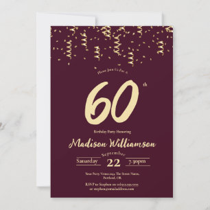 Invitación Fiesta de cumpleaños 60 Burgundy & Gold