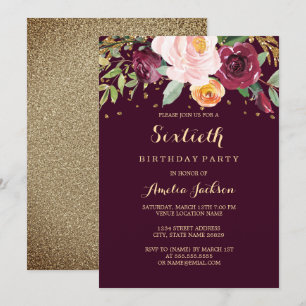 Invitación Fiesta de cumpleaños 60 con brillo floral dorado B