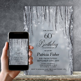 Invitación Fiesta de cumpleaños 60 con brillo negro y plata