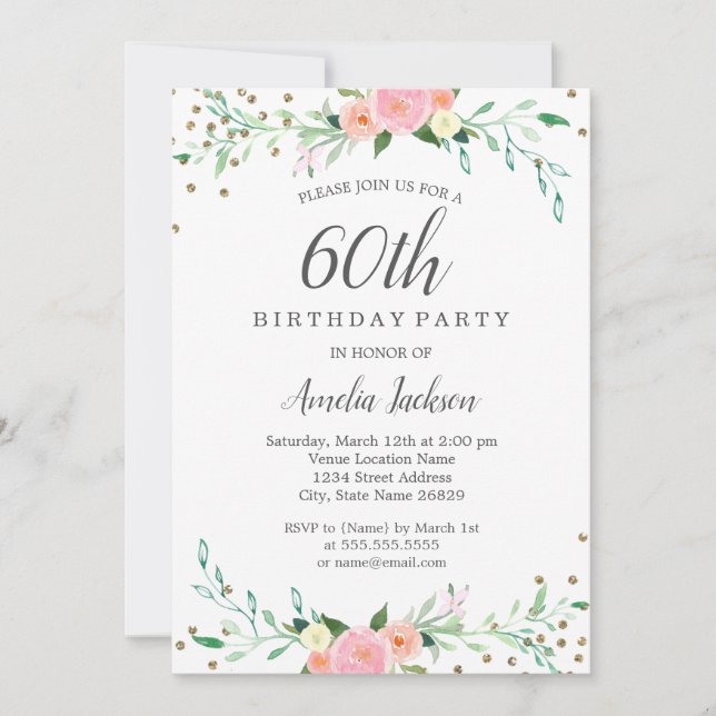 Invitación Fiesta de Cumpleaños 60 con Confeti de Destello Fl (Anverso)