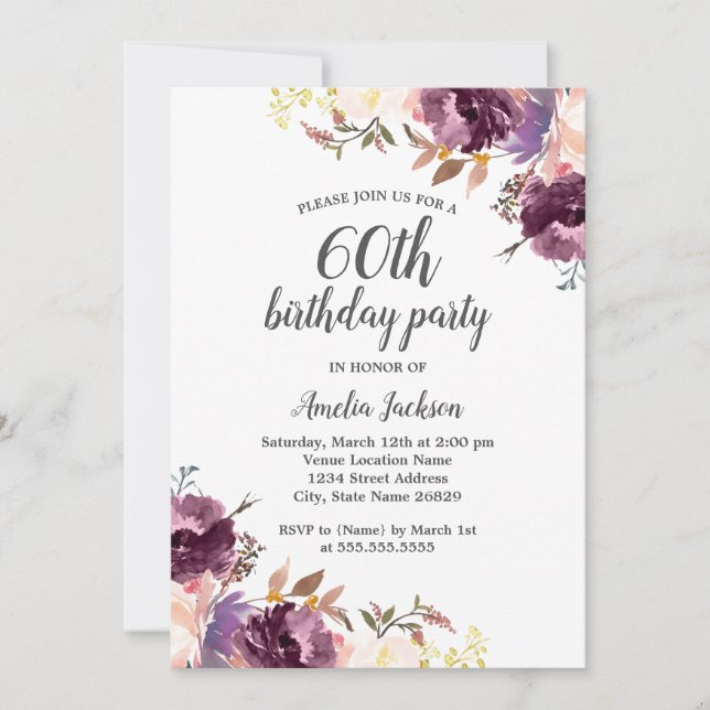 Invitación Fiesta de Cumpleaños 60 con Flores de Acuarela Mor (Anverso)