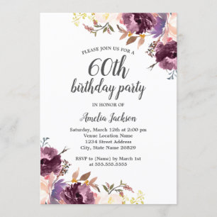 Invitación Fiesta de Cumpleaños 60 con Flores de Acuarela Mor