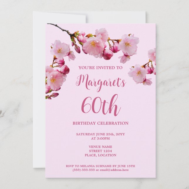 Invitación Fiesta de cumpleaños 60 con flores de cerezo rosad (Anverso)