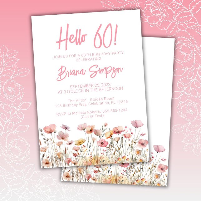 Invitación Fiesta de cumpleaños 60 con flores rosadas (Subido por el creador)