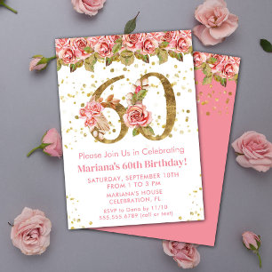 Invitación Fiesta de cumpleaños 60 con flores rosadas y brill