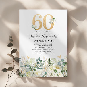 Invitación Fiesta de cumpleaños 60 con flores verdes y blanca