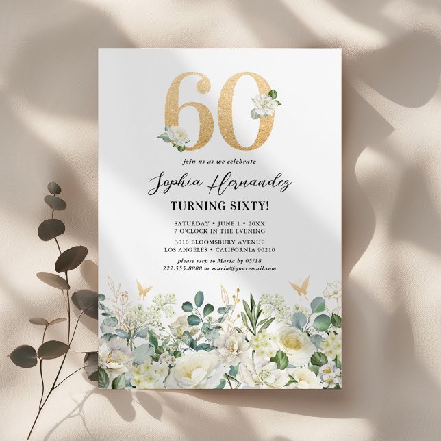 Invitación Fiesta de cumpleaños 60 con flores verdes y blanca (Subido por el creador)
