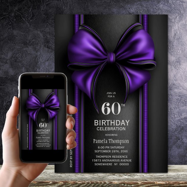 Invitación Fiesta de Cumpleaños 60 con Lazo Morado Elegante (Subido por el creador)