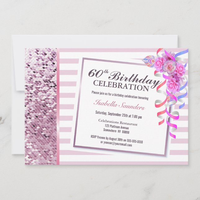 Invitación Fiesta de cumpleaños 60 con rayas rosadas y lentej (Anverso)