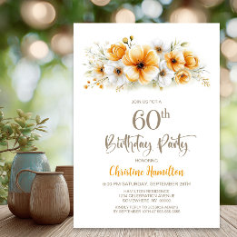 Invitación Fiesta de cumpleaños 60 con tema floral naranja