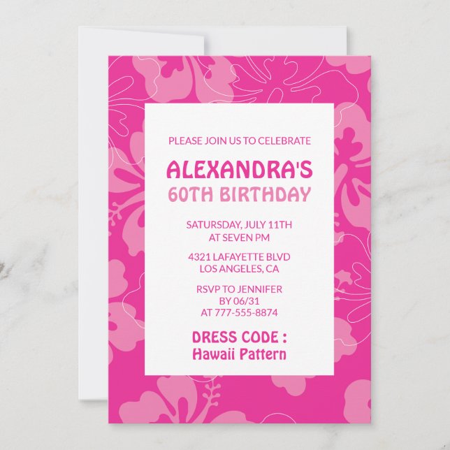 Invitación Fiesta de cumpleaños 60 con temática hawaiana rosa (Anverso)