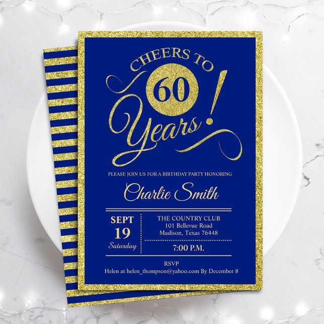 Invitación Fiesta de cumpleaños 60 - CUALQUIER EDAD Oro Azul  (Subido por el creador)