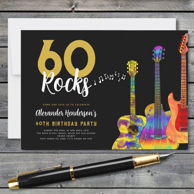 Invitación Fiesta de cumpleaños 60 de 60 Rocks Guitar (Rock and roll 60th birthday party black and gold invitation 60 Rocks funky psychedelic guitars)