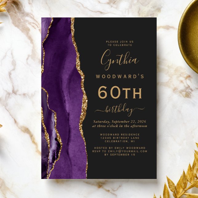 Invitación Fiesta de Cumpleaños 60 de Ágata Dorada Púrpura Os (Subido por el creador)