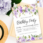 Invitación Fiesta de cumpleaños 60 de bonito Morado Floral<br><div class="desc">Honre a una mujer especial con esta elegante y femenina invitación a la fiesta de cumpleaños número 60. Los detalles de la celebración de cumpleaños están rodeados de bordes florales de color morado superior e inferior. Los elementos florales están enclavados en hojas verdes profundas. Aunque es un diseño tradicional, el...</div>