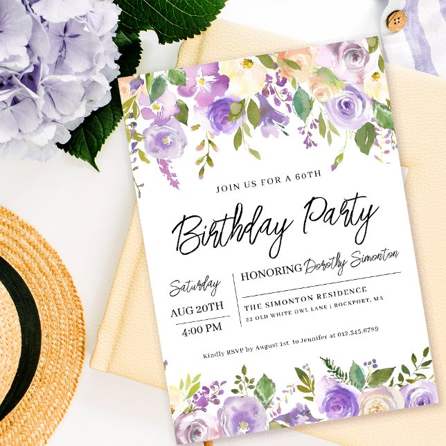 Invitación Fiesta de cumpleaños 60 de bonito Morado Floral (Matching party supplies, welcome signs and decor available. Message me for help finding an item. )